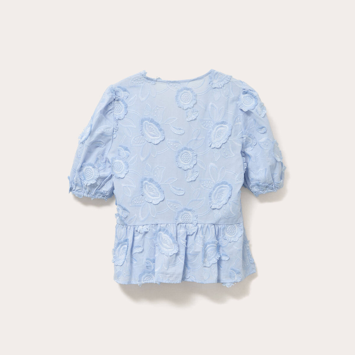 Blouse manches courtes noeuds bleu ciel femme