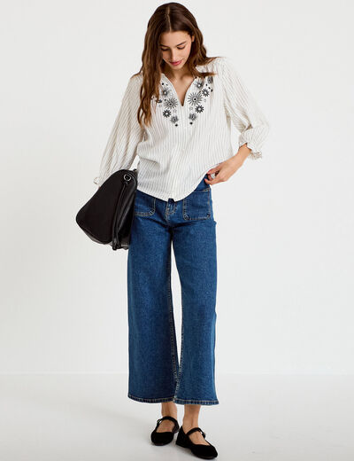 Blouse ample broderie manches 3/4 blanc femme
