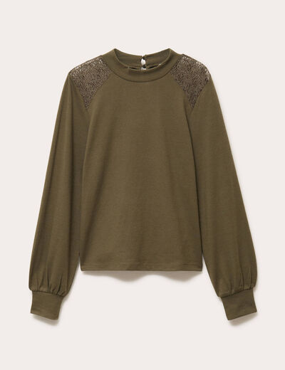 T-shirt manches longues d&eacute;tails ajour&eacute;s vert kaki femme