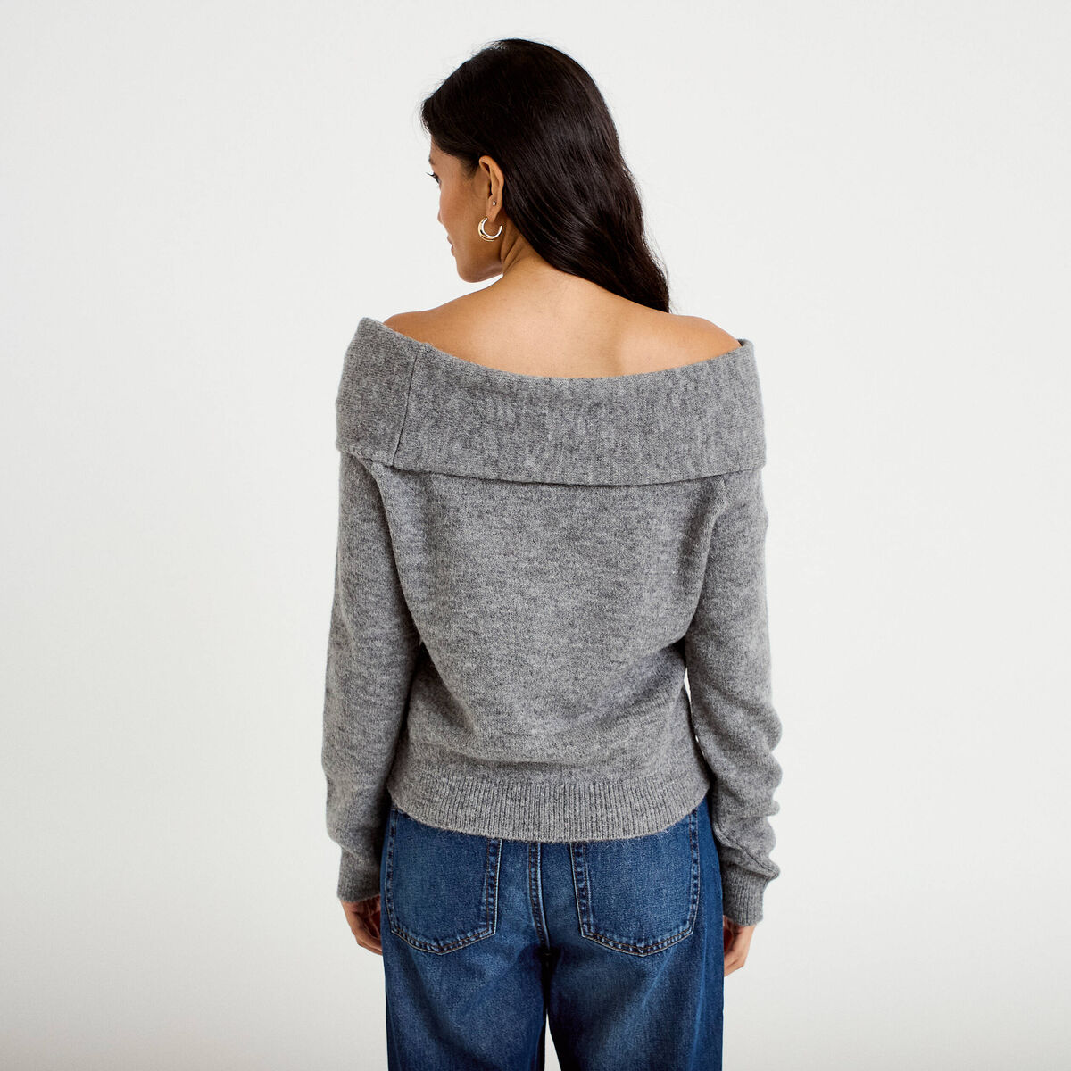 Pull col bardot manches longues gris femme