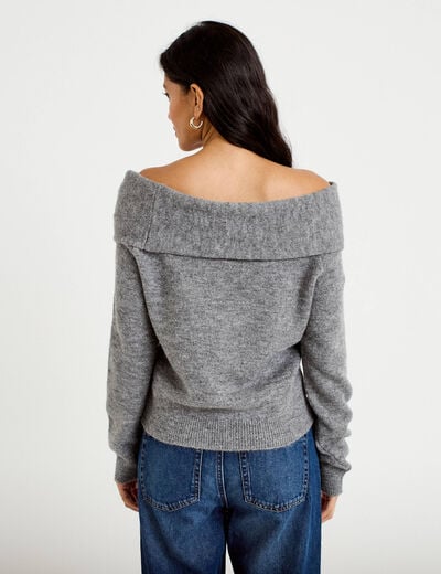 Pull col bardot manches longues gris femme