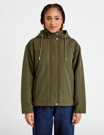 Parka courte &agrave; capuche manches longues vert kaki femme