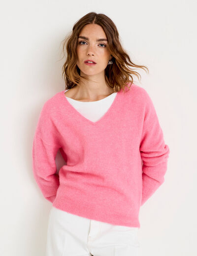 Pull avec col en V rose vif femme
