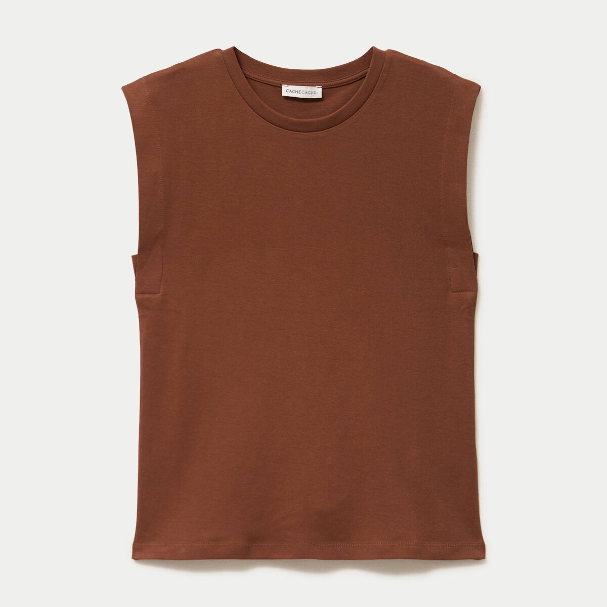 T-shirt col rond sans manches marron femme