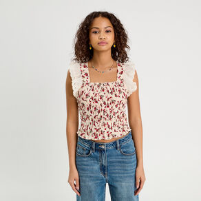 Débardeur smocké brodé blanc femme