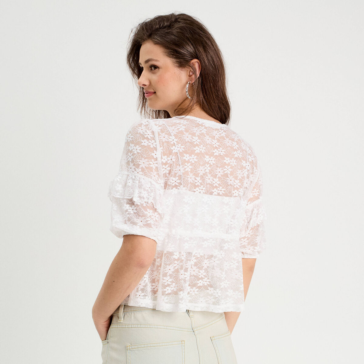 Blouse dentelle nouée blanc femme