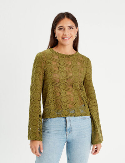 T-shirt ajouré manches pagodes vert olive femme