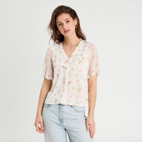 Chemise manches volants rose poudrée femme