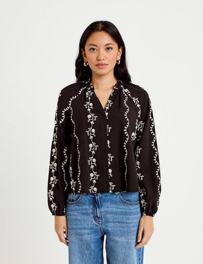 Blouse droite col am&eacute;ricain broderie noir femme
