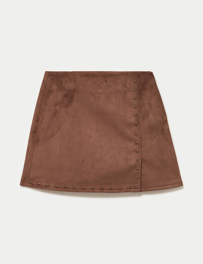 Jupe-short trap&egrave;ze taille haute daim marron femme