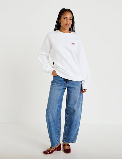Sweat oversize col rond manches longues blanc femme