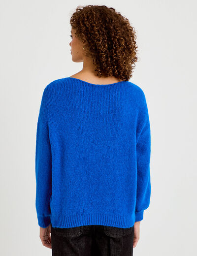 Pull ample col bateau manches longues bleu electrique femme