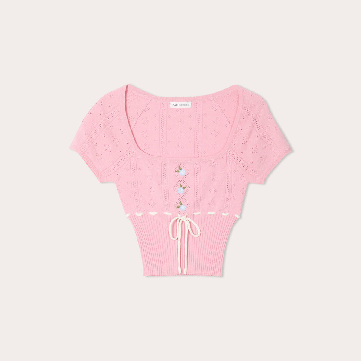 Pull cropped brod&eacute; rose poudr&eacute;e femme