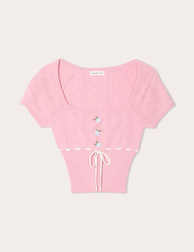 Pull cropped brodé rose poudrée femme