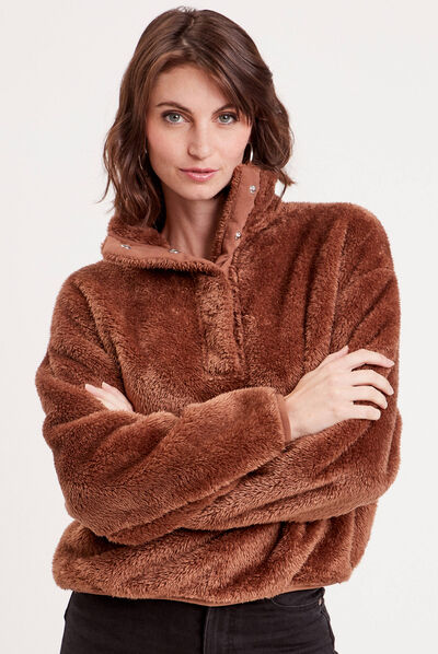 Sweat fausse fourrure boutonné marron femme