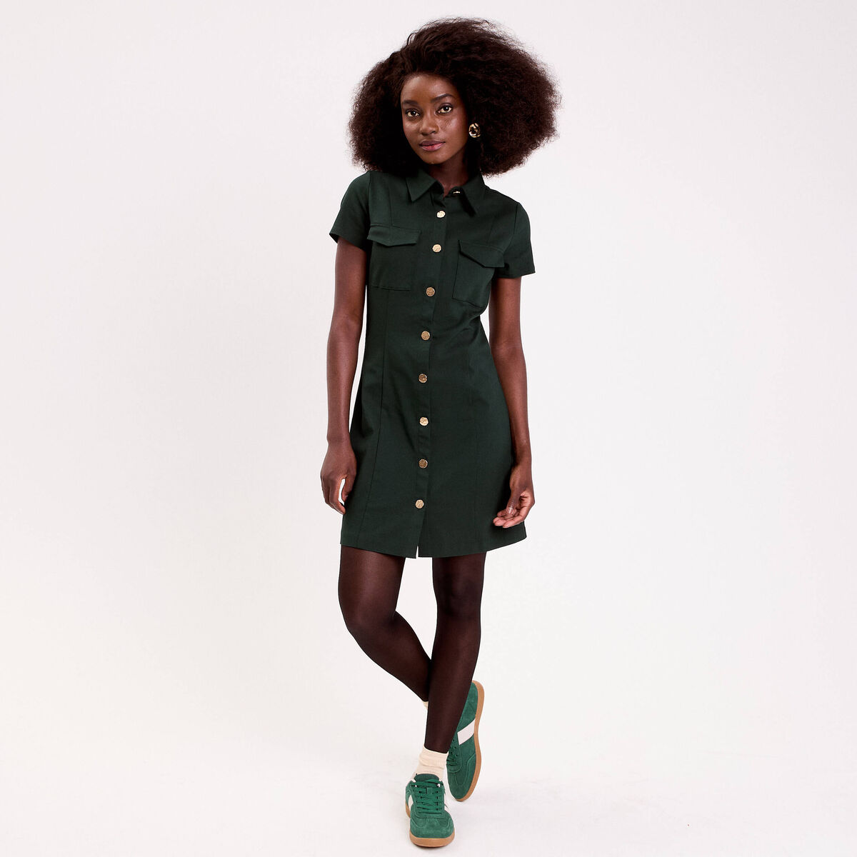 Robe droite boutonn&eacute;e vert fonc&eacute; femme