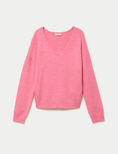 Pull avec col en V rose vif femme