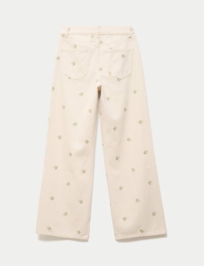 Jean wide leg taille haute brod&eacute; denim blanc femme
