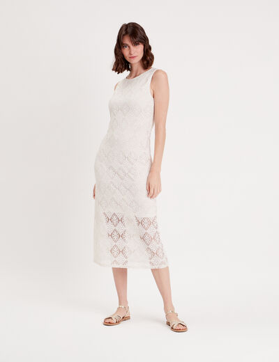 Robe midi moulante dentelle ecru femme