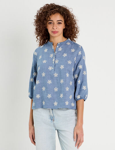 Blouse manches 3/4 brodée bleu femme