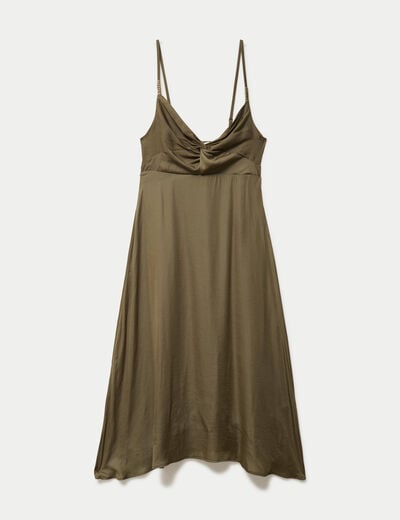 Robe longue &eacute;vas&eacute;e col v satin&eacute;e vert kaki femme