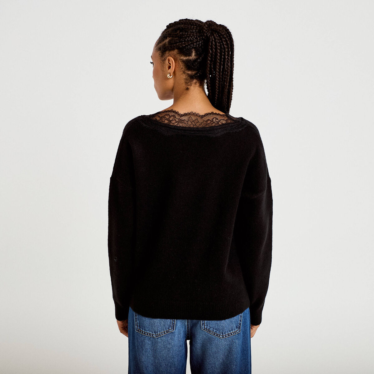 Pull col v manches longues dentelle noir femme