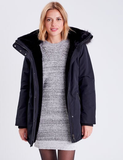 Parka &agrave; capuche fausse fourrure noir femme