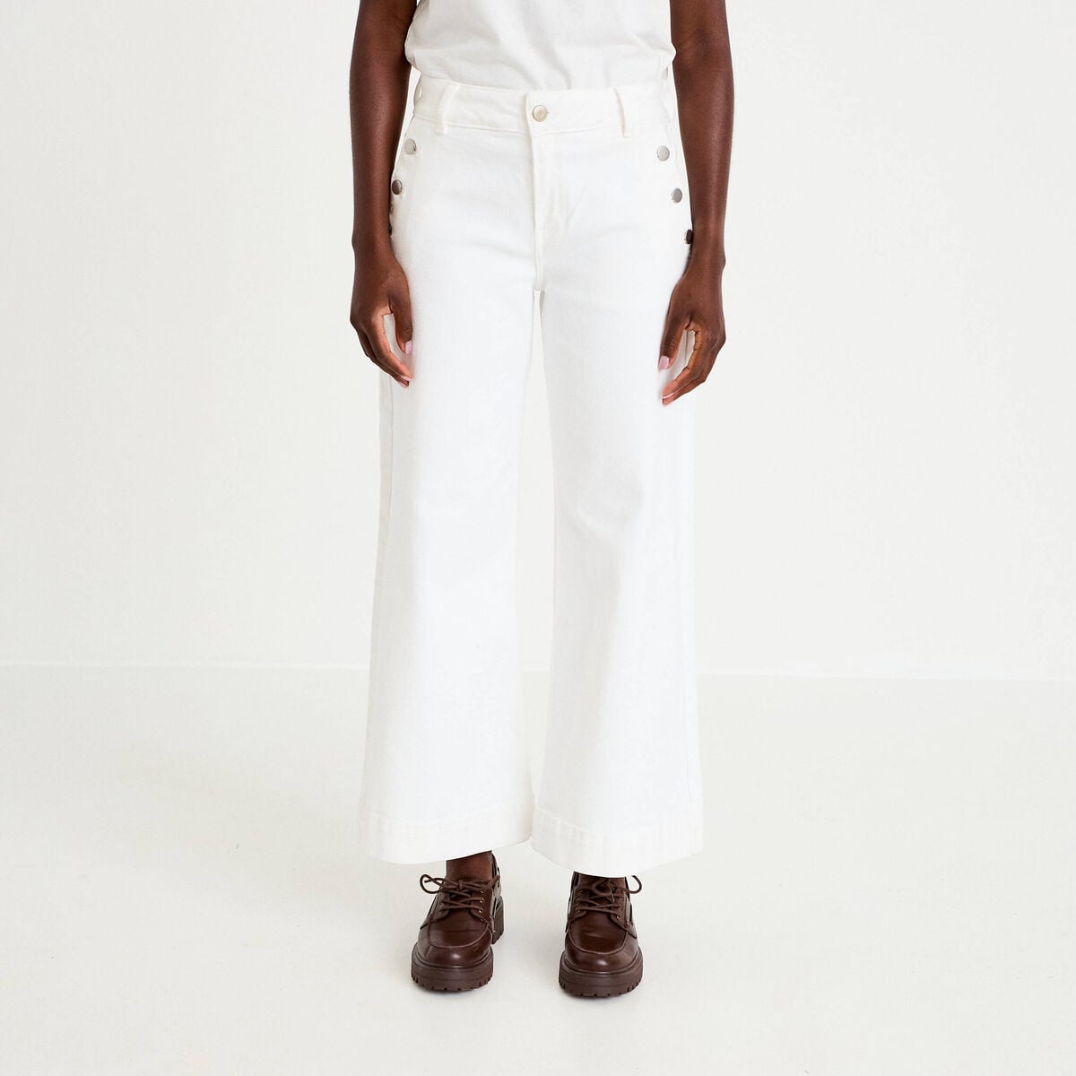 Jean wide leg cropped taille haute denim blanc femme