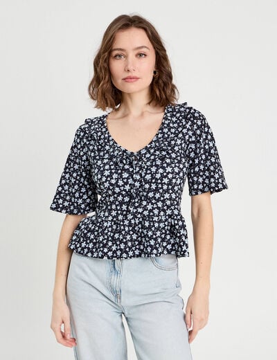 Blouse noeud et volants noir femme