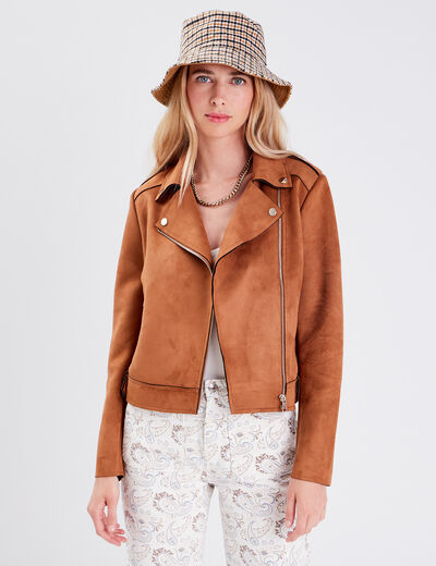 Veste esprit biker droite camel femme
