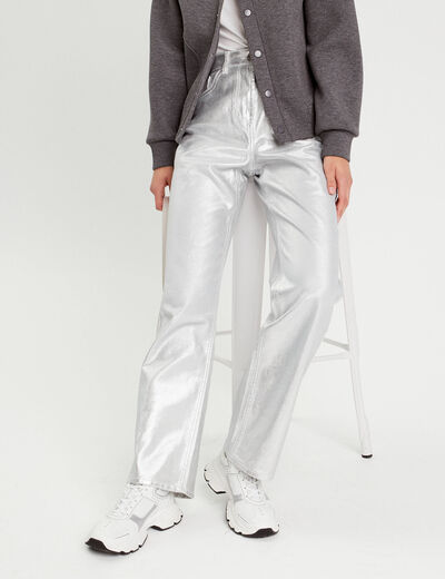 Pantalon large enduit gris argent femme