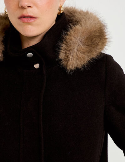 Manteau mi-long &agrave; capuche noir femme