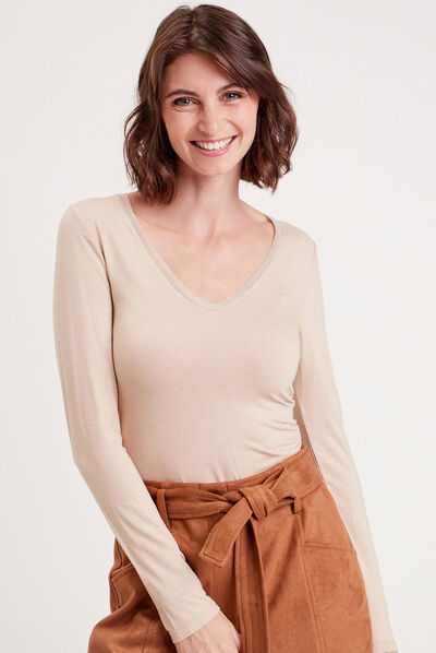 T-shirt thermique col en V sable femme