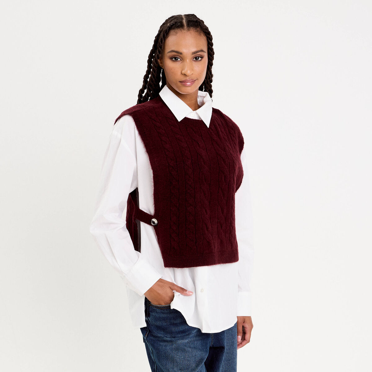 Pull sans manches torsad&eacute; violet fonc&eacute; femme