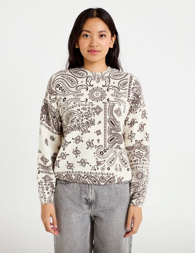 Pull col rond manches longues ecru femme
