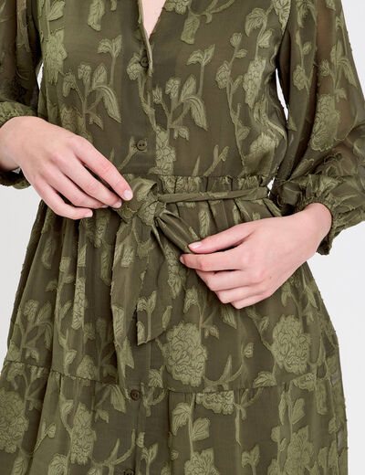 Robe chemise évasée ceinturée vert kaki femme