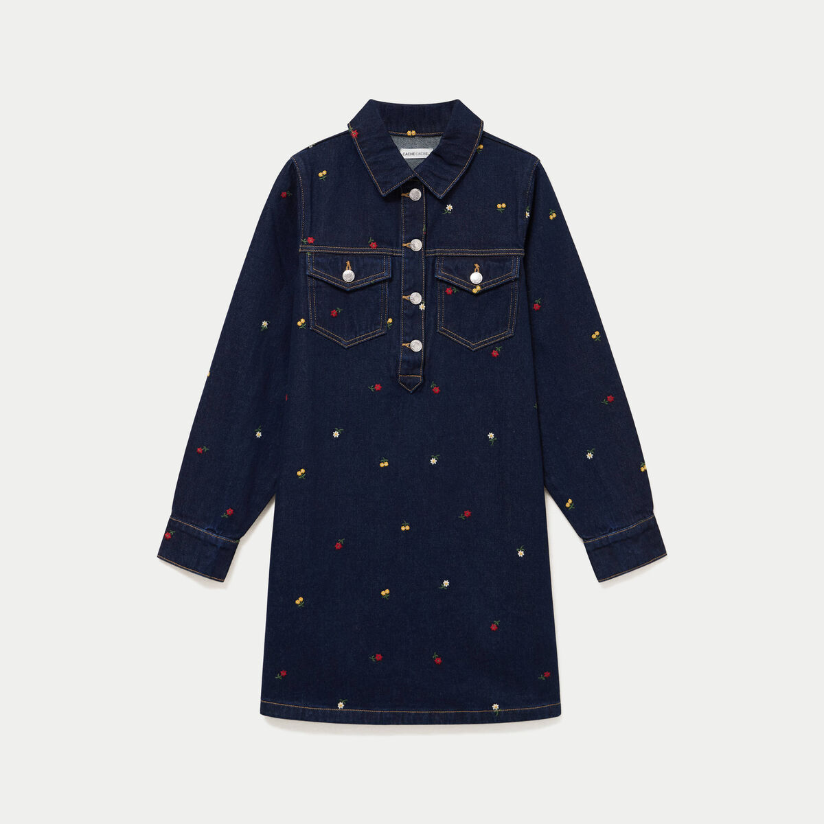 Robe courte &eacute;vas&eacute;e en jean brod&eacute;e bleu marine femme