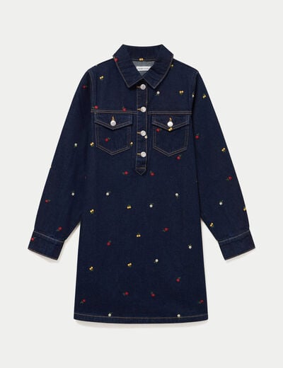 Robe courte &eacute;vas&eacute;e en jean brod&eacute;e bleu marine femme