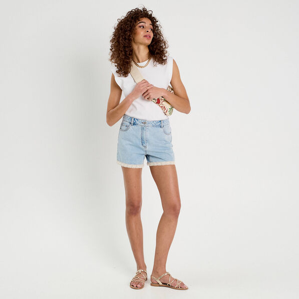 short en jean details dentelle denim bleach femme Short en jean détails dentelle denim bleach femme