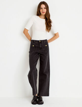 Jean wide leg cropped taille haute denim noir femme