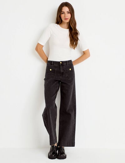 Jean wide leg cropped taille haute denim noir femme