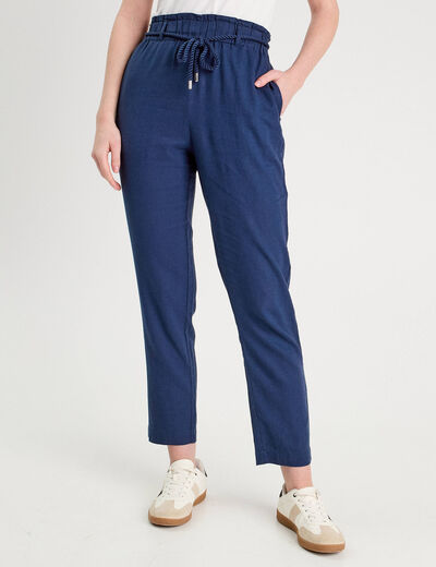 Pantalon droit fluide contenant du lin bleu foncé femme