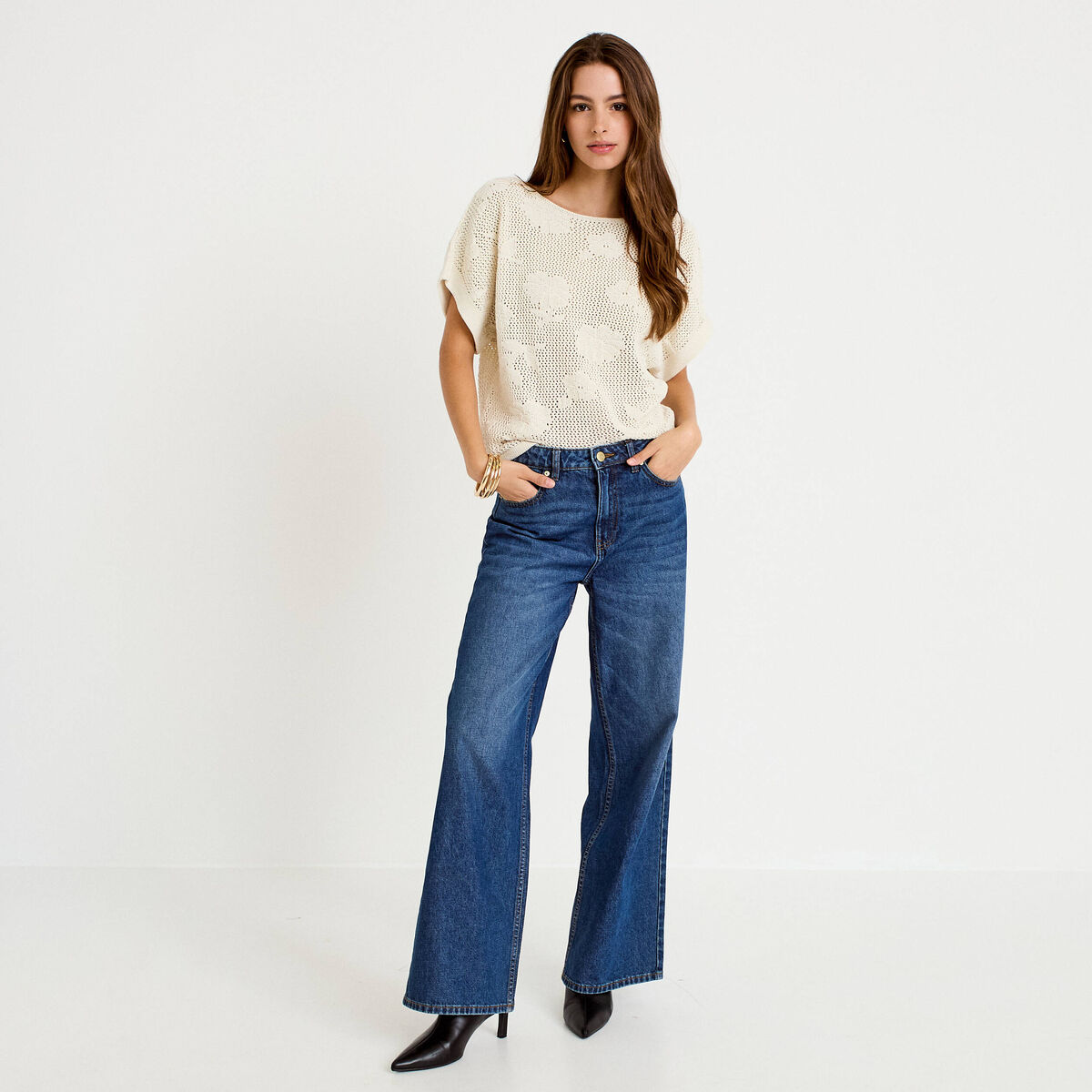 Pull ajour&eacute; col bateau manches courtes ecru femme