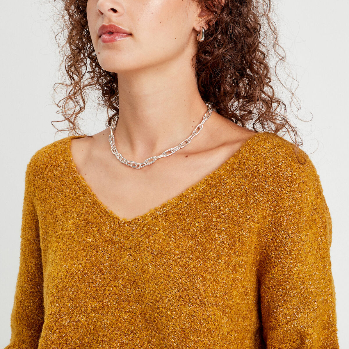Pull manches longues col en V camel femme