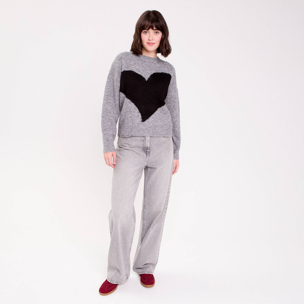 Pull col rond manches longues gris fonc&eacute; femme