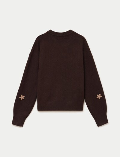 Pull oversize brod&eacute; manches longues marron fonc&eacute; femme