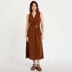 Robe droite 3/4 sans manches col v marron femme