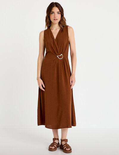 Robe droite 3/4 sans manches col v marron femme