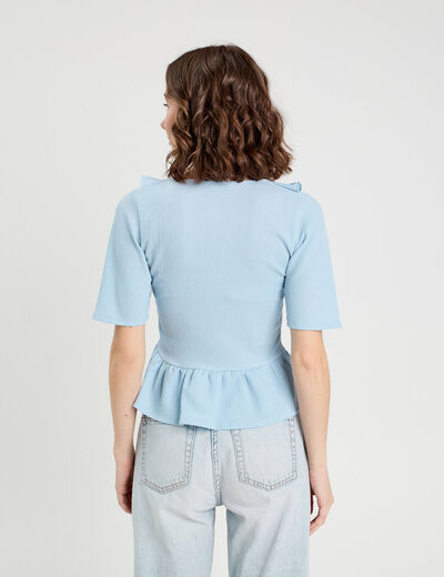 Blouse noeud et volants bleu ciel femme