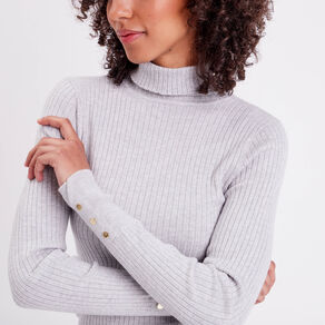 Pull col roulé côtelé gris clair femme